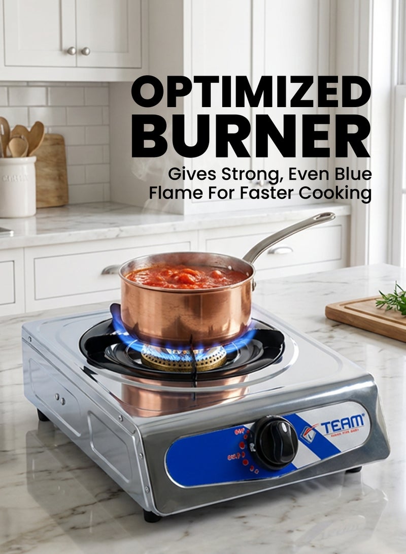 TEAM  Single Burner Gas Stove | Stainless Steel Panel | Automatic Ignition | Low Gas Consumption | High Efficiency Blue Flame | LPG Gas Portable Cooker for Home, Outdoor & Camping - Image 2